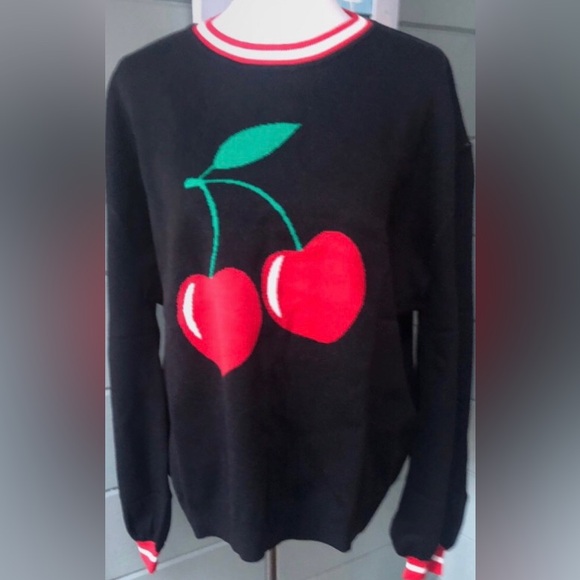 VICI cherry graphic black & red pullover knit crewneck sweater NEW 🎉SALE - Picture 5 of 16